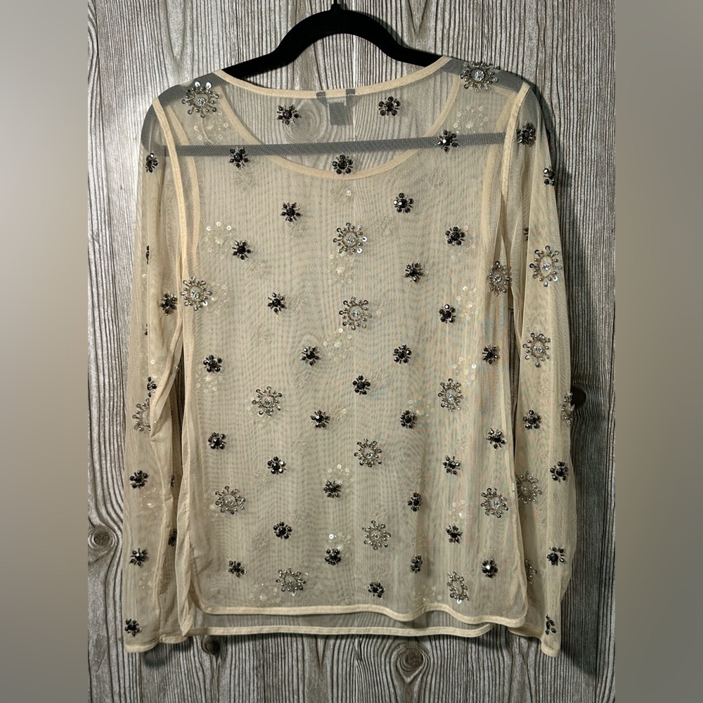 $128 Ann Taylor Nude Beaded Mesh Top Sz Small - Picture 6 of 7